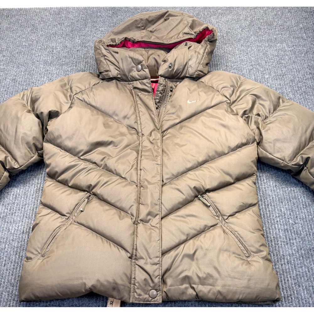 Nike Sportswear Kids Down Puffer Jacket Olive Pink L 12-14 Chevron Quilted Hood